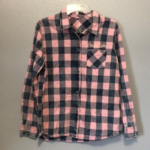 ACE USA shirt Women's Large L pink black plaid long sleeve button up 100% cotton
